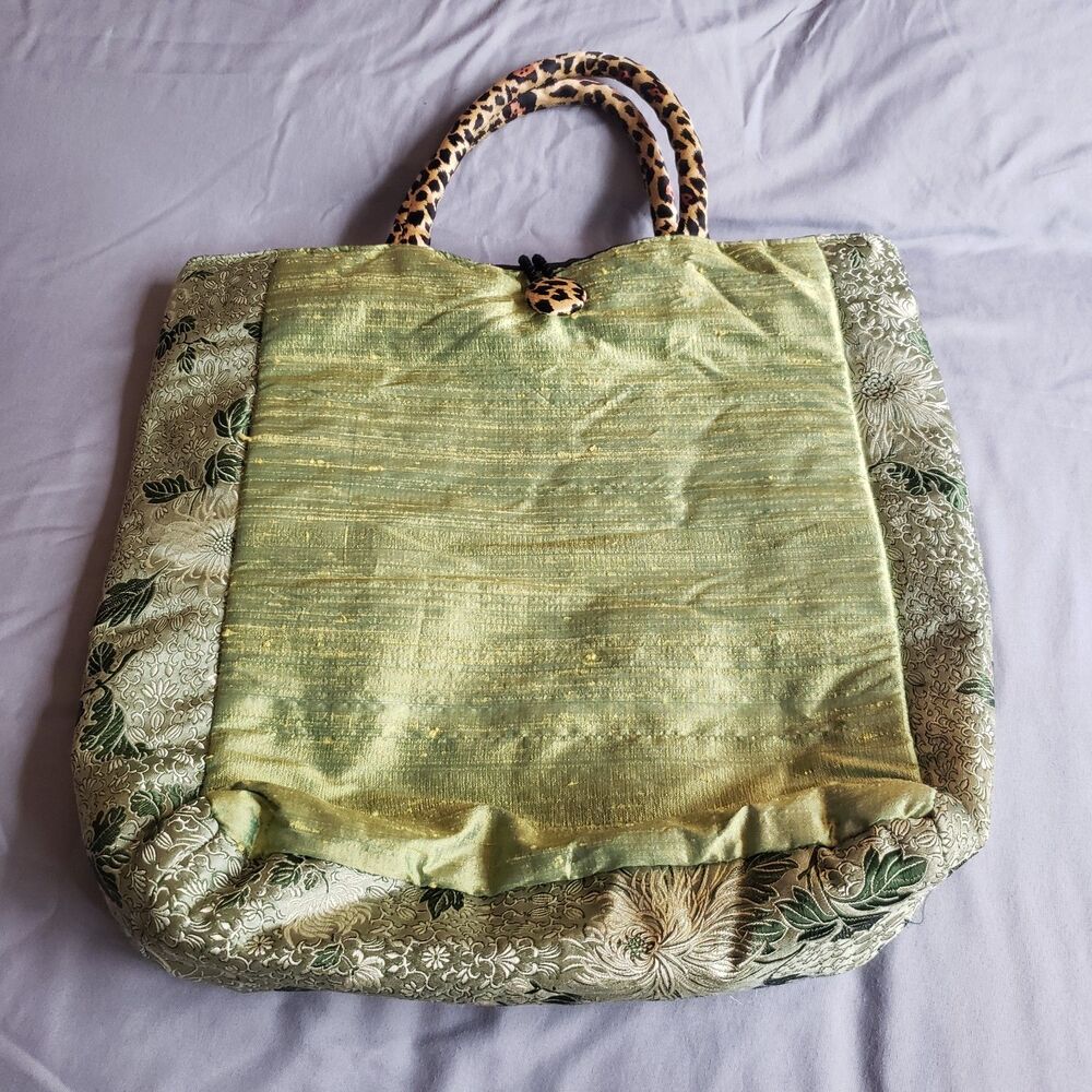 Unique Small Asian Green Silk/Leopard Accent Tote Vintage DIY Retro Y2K Boho